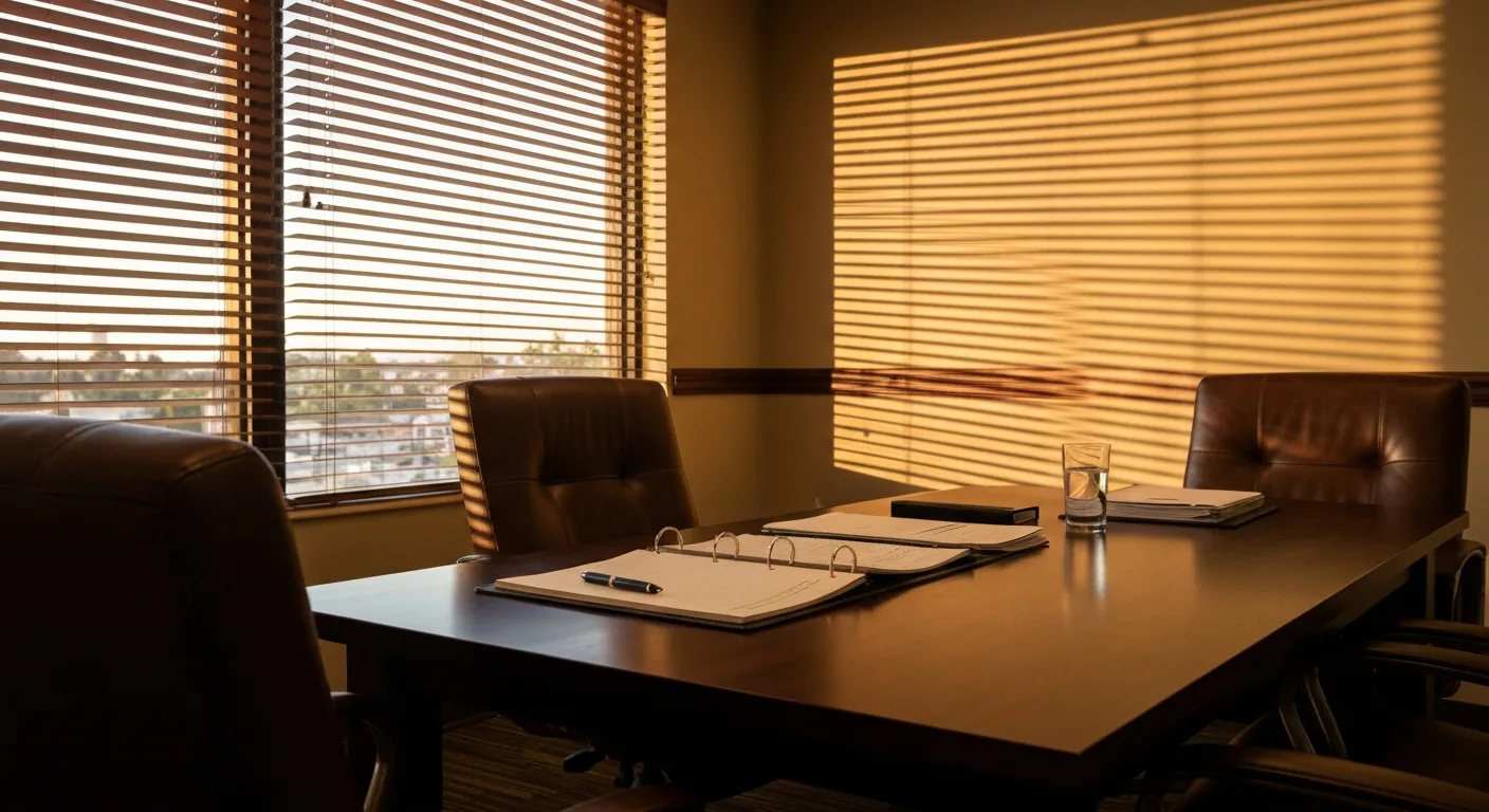 Private law office consultation room with warm window light